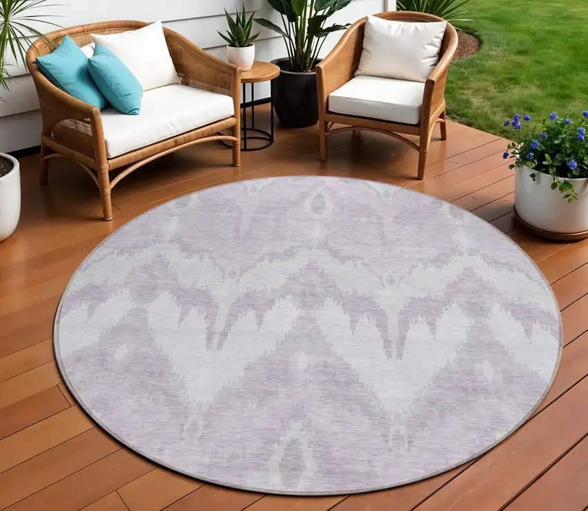 8' Lavender Purple And Gray Round Ikat Washable Indoor Outdoor Area Rug Photo 1