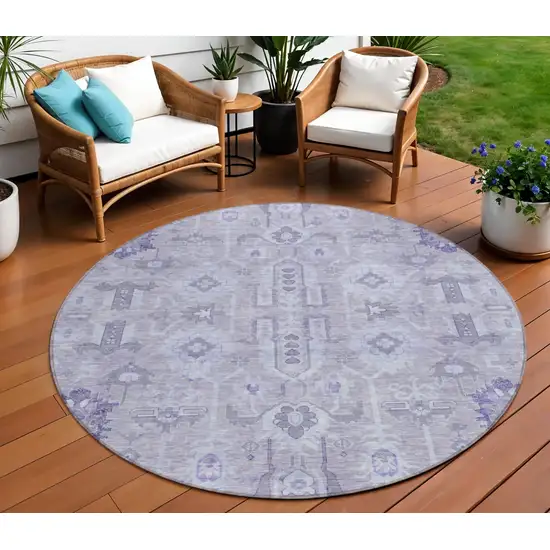 8' Lavender Purple And Gray Round Oriental Washable Indoor Outdoor Area Rug Photo 1