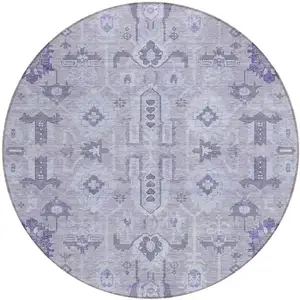 Photo of 8' Lavender Purple And Gray Round Oriental Washable Indoor Outdoor Area Rug