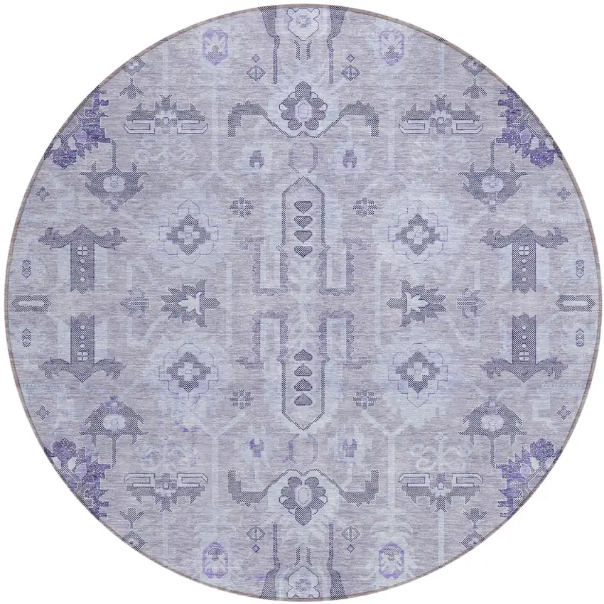 8' Lavender Purple And Gray Round Oriental Washable Indoor Outdoor Area Rug Photo 1