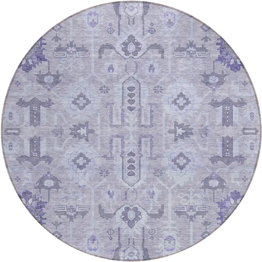8' Lavender Purple And Gray Round Oriental Washable Indoor Outdoor Area Rug Photo 1