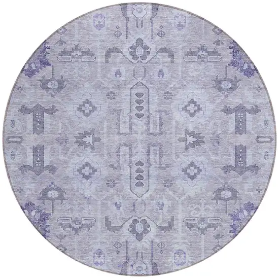 8' Lavender Purple And Gray Round Oriental Washable Indoor Outdoor Area Rug Photo 5