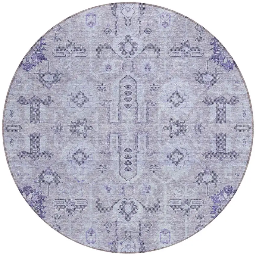 8' Lavender Purple And Gray Round Oriental Washable Indoor Outdoor Area Rug Photo 5