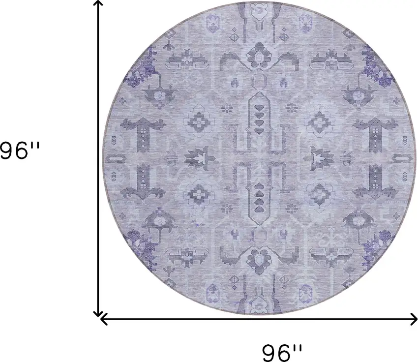8' Lavender Purple And Gray Round Oriental Washable Indoor Outdoor Area Rug Photo 7