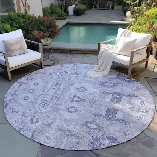 8' Lavender Purple And Gray Round Oriental Washable Indoor Outdoor Area Rug Photo 5