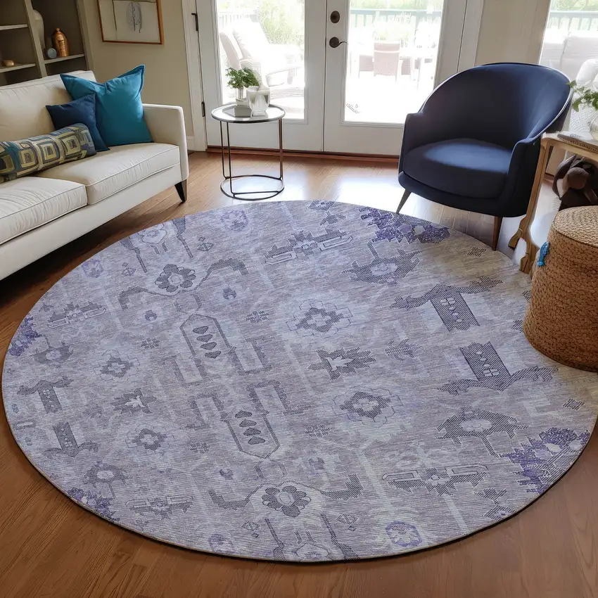 8' Lavender Purple And Gray Round Oriental Washable Indoor Outdoor Area Rug Photo 6