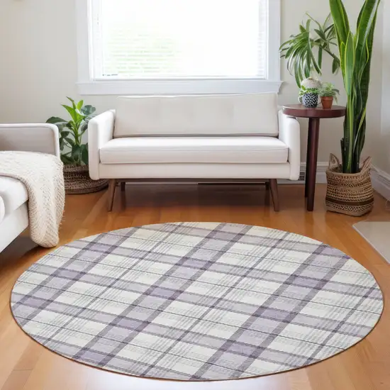 8' Lavender Purple And Gray Round Plaid Washable Indoor Outdoor Area Rug Photo 7