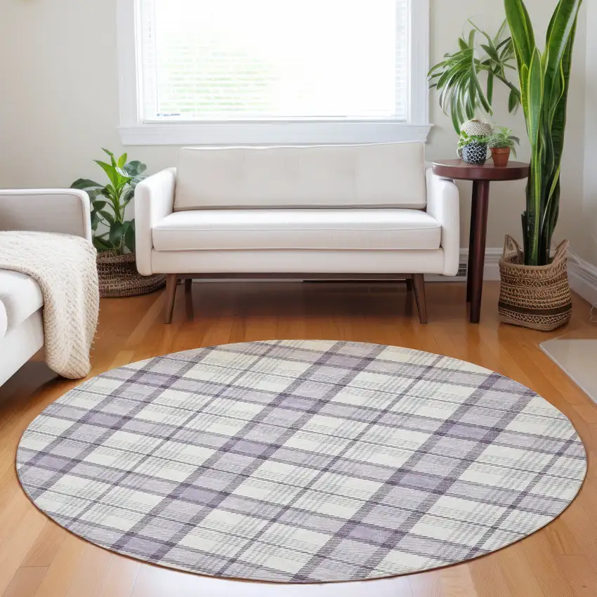 8' Lavender Purple And Gray Round Plaid Washable Indoor Outdoor Area Rug Photo 7