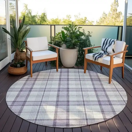 8' Lavender Purple And Gray Round Plaid Washable Indoor Outdoor Area Rug Photo 6