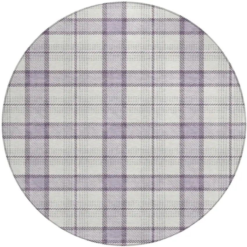 8' Lavender Purple And Gray Round Plaid Washable Indoor Outdoor Area Rug Photo 2