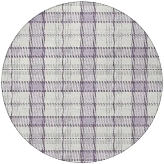 8' Lavender Purple And Gray Round Plaid Washable Indoor Outdoor Area Rug Photo 5