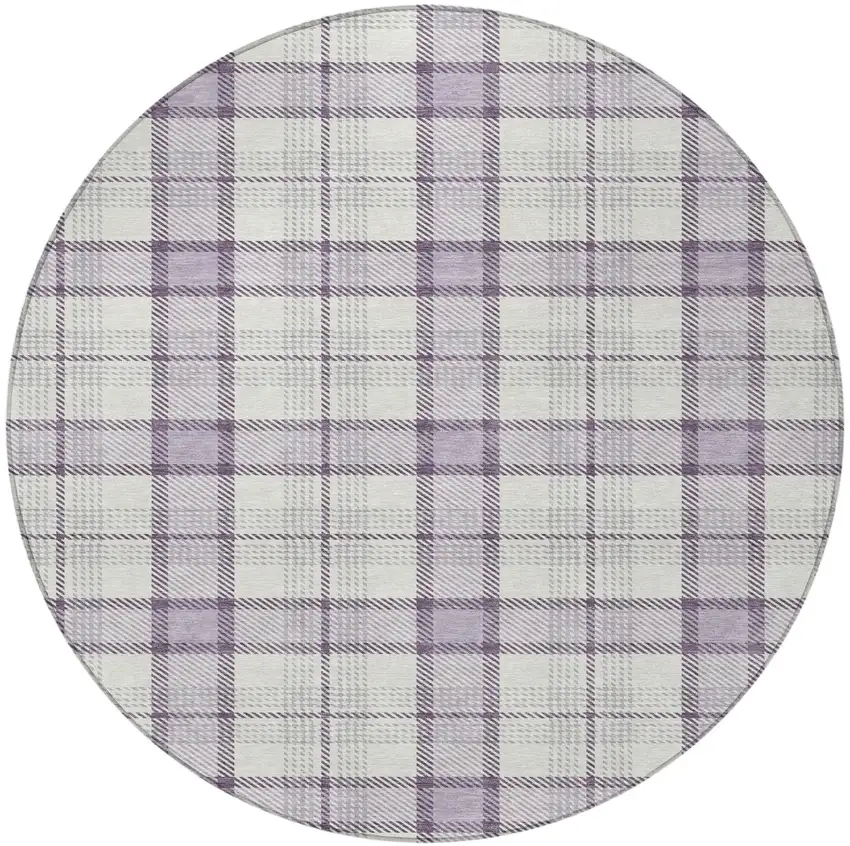 8' Lavender Purple And Gray Round Plaid Washable Indoor Outdoor Area Rug Photo 5