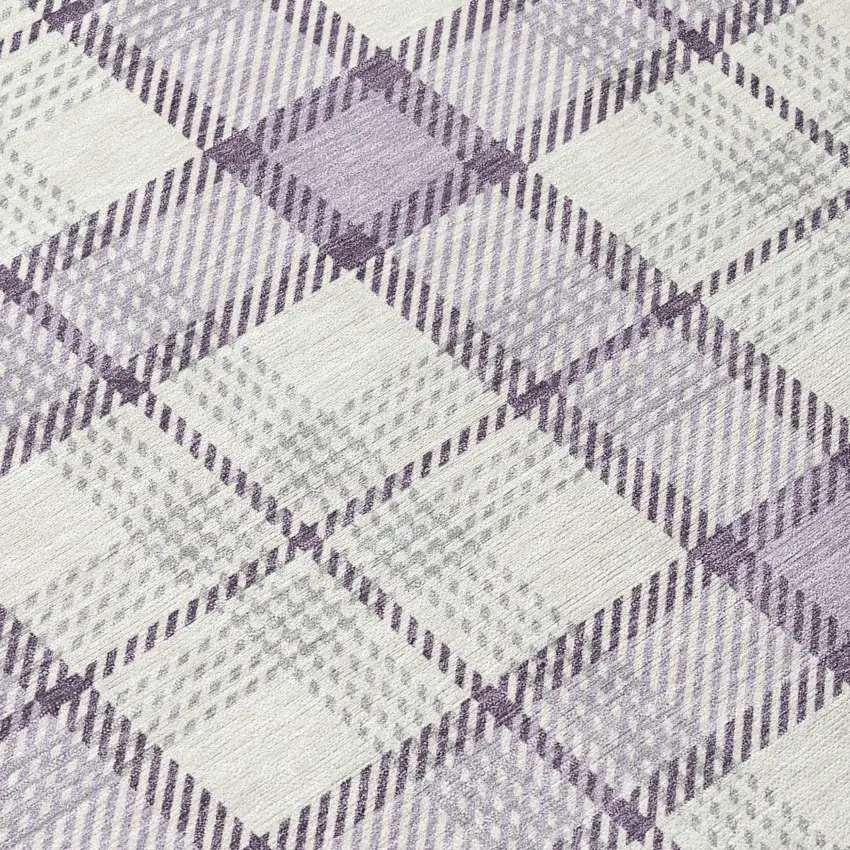 8' Lavender Purple And Gray Round Plaid Washable Indoor Outdoor Area Rug Photo 9
