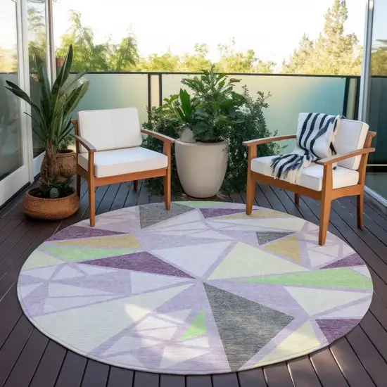 8' Lavender Purple And Green Round Geometric Washable Indoor Outdoor Area Rug Photo 6