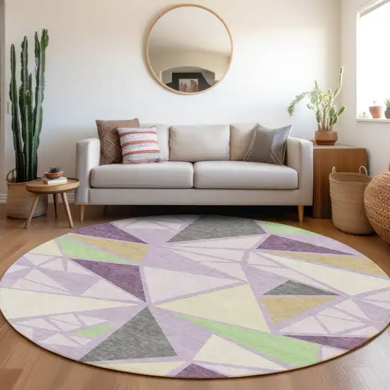 8' Lavender Purple And Green Round Geometric Washable Indoor Outdoor Area Rug Photo 7