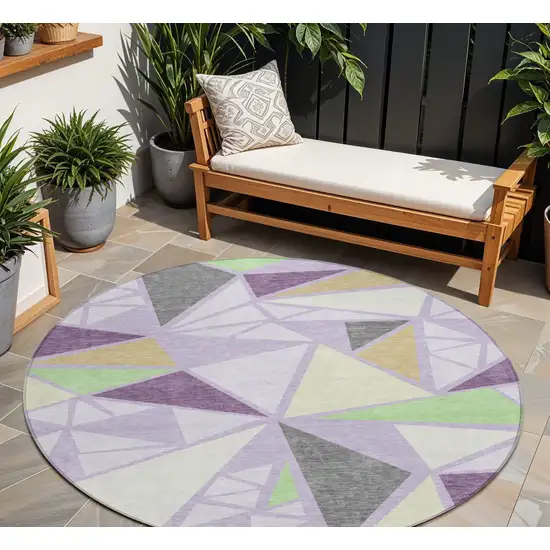 8' Lavender Purple And Green Round Geometric Washable Indoor Outdoor Area Rug Photo 1