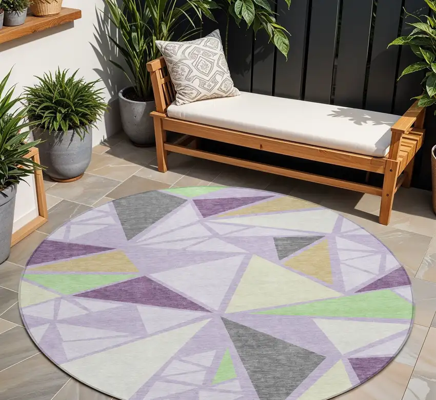 8' Lavender Purple And Green Round Geometric Washable Indoor Outdoor Area Rug Photo 1
