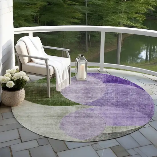 8' Lavender Purple And Green Round Geometric Washable Indoor Outdoor Area Rug Photo 7