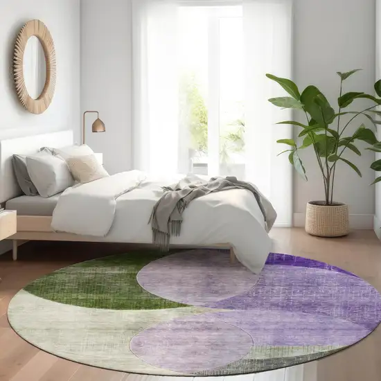 8' Lavender Purple And Green Round Geometric Washable Indoor Outdoor Area Rug Photo 8