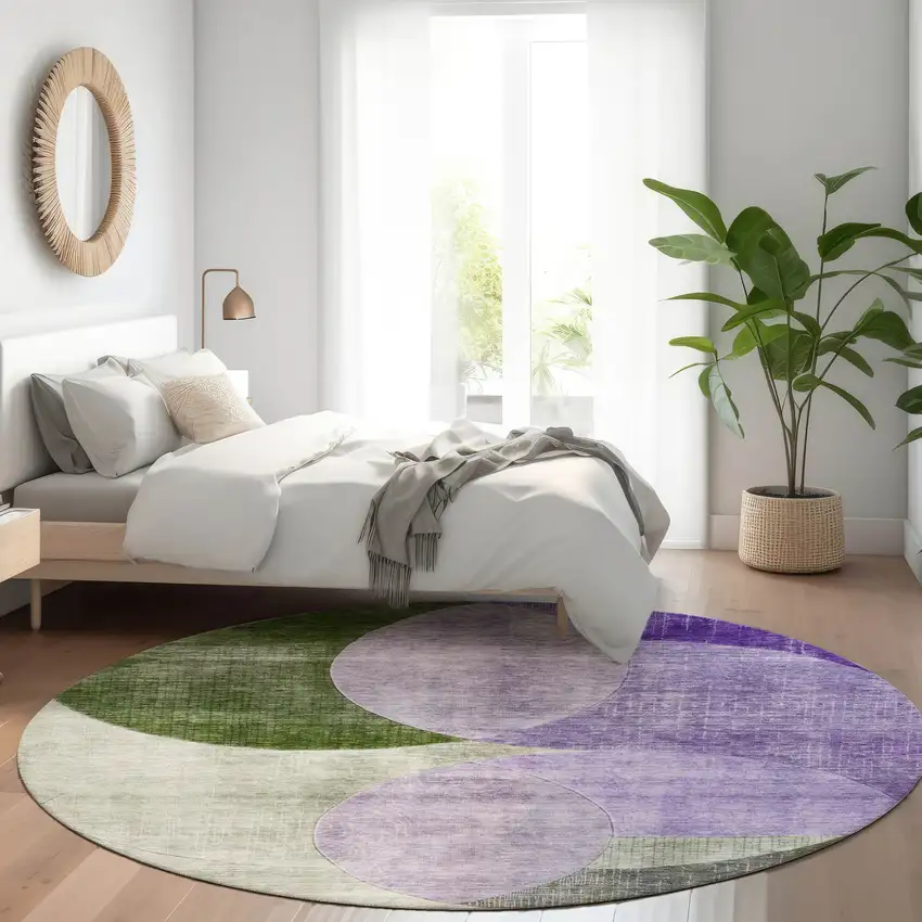 8' Lavender Purple And Green Round Geometric Washable Indoor Outdoor Area Rug Photo 8