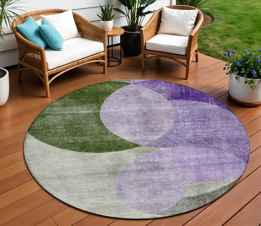 8' Lavender Purple And Green Round Geometric Washable Indoor Outdoor Area Rug Photo 1