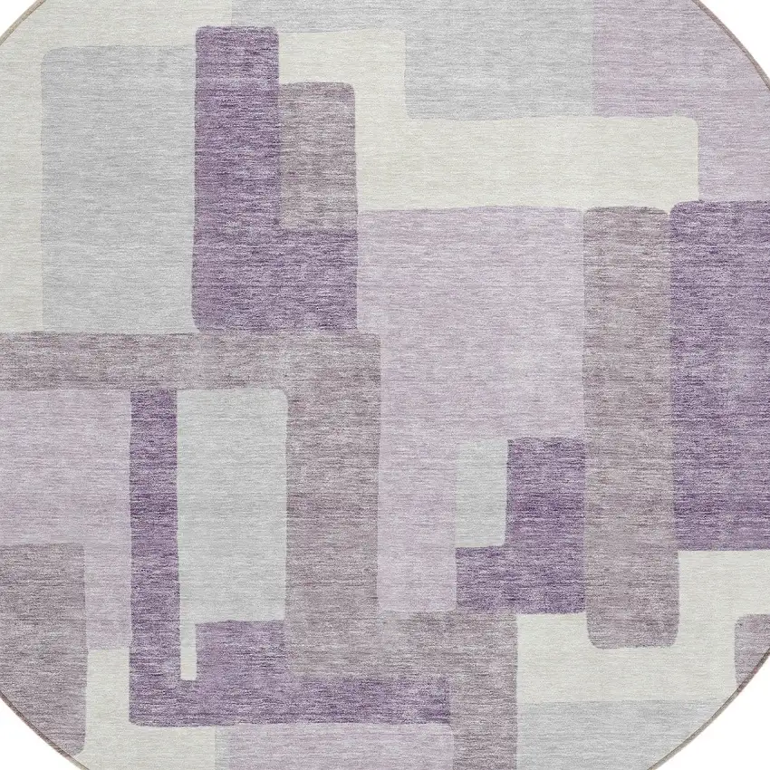 8' Lavender Purple And Ivory Round Abstract Washable Indoor Outdoor Area Rug Photo 4