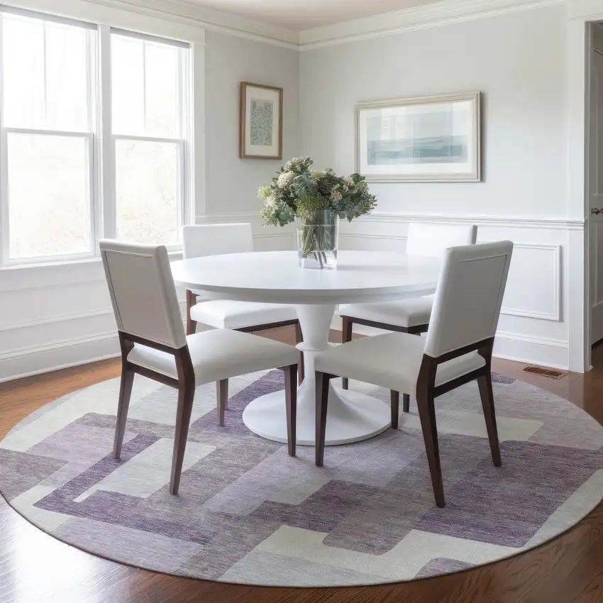 8' Lavender Purple And Ivory Round Abstract Washable Indoor Outdoor Area Rug Photo 7