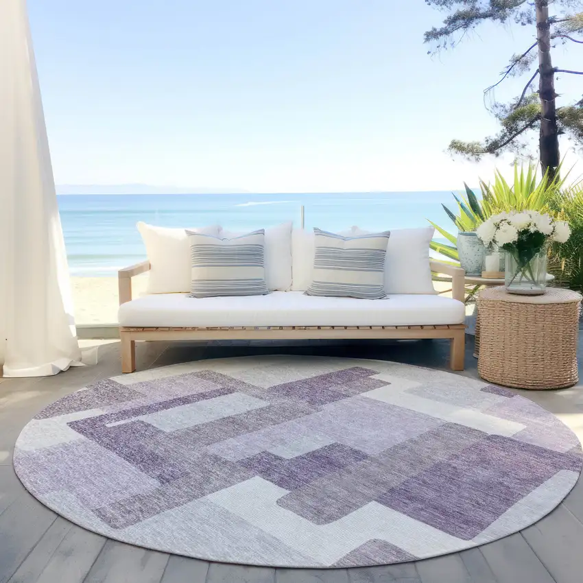 8' Lavender Purple And Ivory Round Abstract Washable Indoor Outdoor Area Rug Photo 6