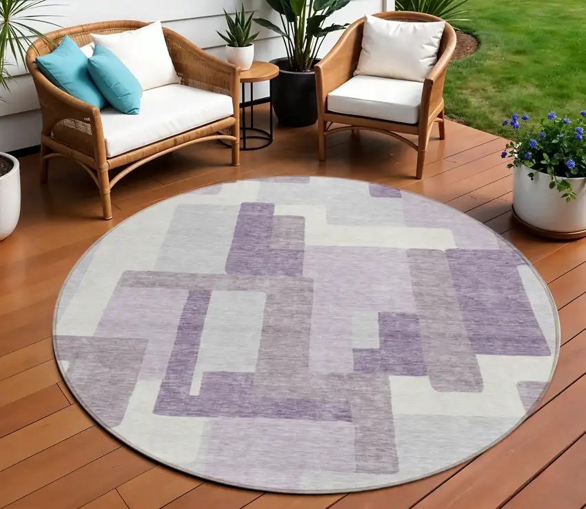 8' Lavender Purple And Ivory Round Abstract Washable Indoor Outdoor Area Rug Photo 1