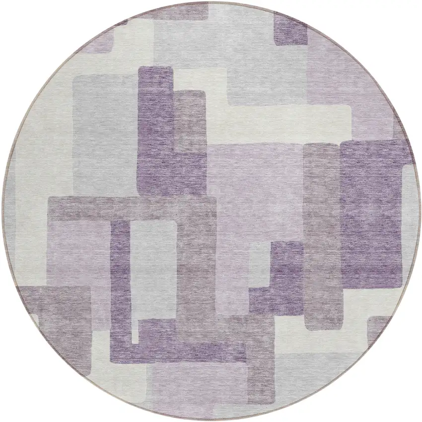 8' Lavender Purple And Ivory Round Abstract Washable Indoor Outdoor Area Rug Photo 1