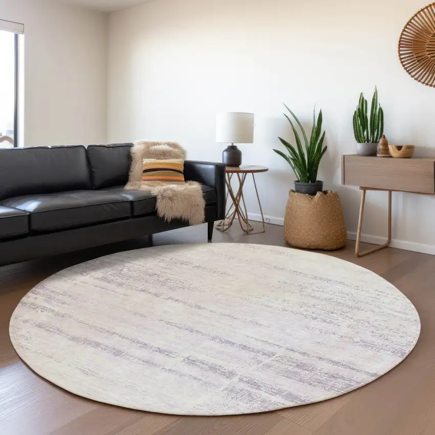 8' Lavender Purple And Ivory Round Abstract Washable Indoor Outdoor Area Rug Photo 7