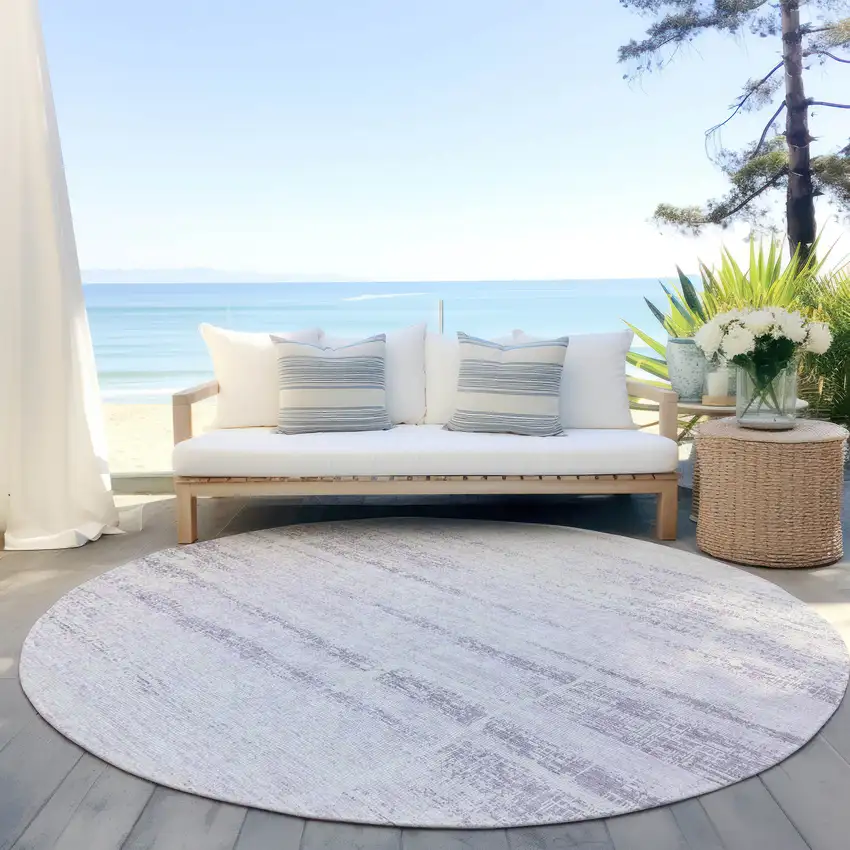 8' Lavender Purple And Ivory Round Abstract Washable Indoor Outdoor Area Rug Photo 6