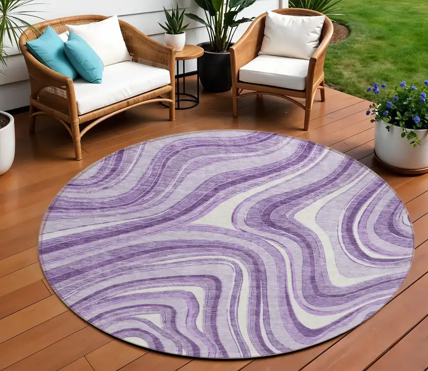 8' Lavender Purple And Ivory Round Abstract Washable Indoor Outdoor Area Rug Photo 1