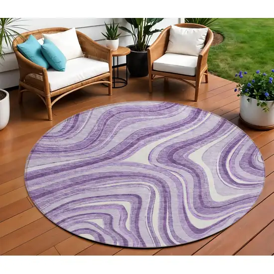 8' Lavender Purple And Ivory Round Abstract Washable Indoor Outdoor Area Rug Photo 1