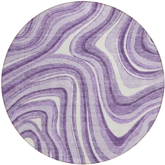 8' Lavender Purple And Ivory Round Abstract Washable Indoor Outdoor Area Rug Photo 1