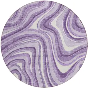 Photo of 8' Lavender Purple And Ivory Round Abstract Washable Indoor Outdoor Area Rug