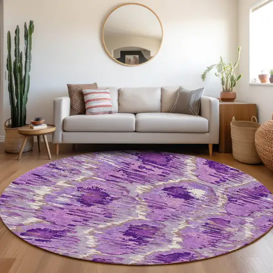 8' Lavender Purple And Ivory Round Abstract Washable Indoor Outdoor Area Rug Photo 8