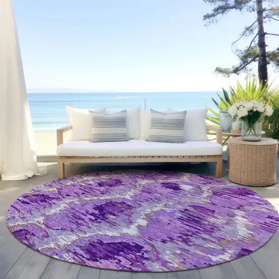 8' Lavender Purple And Ivory Round Abstract Washable Indoor Outdoor Area Rug Photo 7