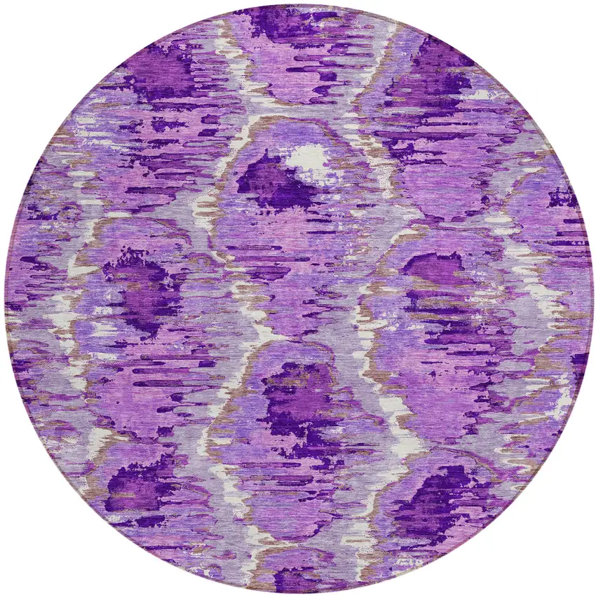 8' Lavender Purple And Ivory Round Abstract Washable Indoor Outdoor Area Rug Photo 2