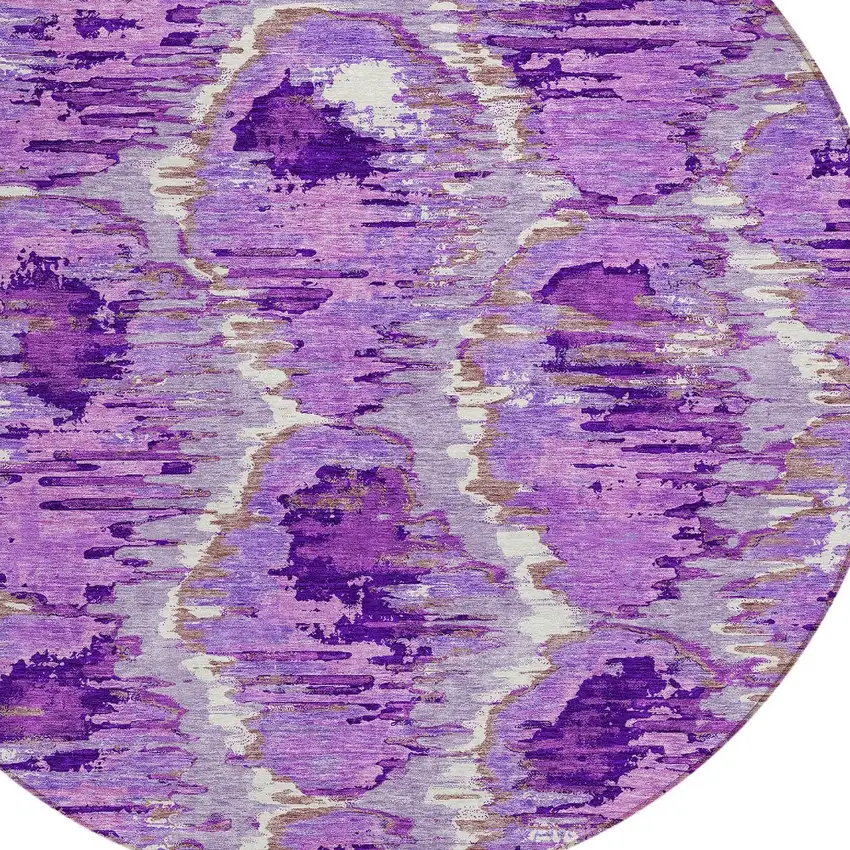 8' Lavender Purple And Ivory Round Abstract Washable Indoor Outdoor Area Rug Photo 5