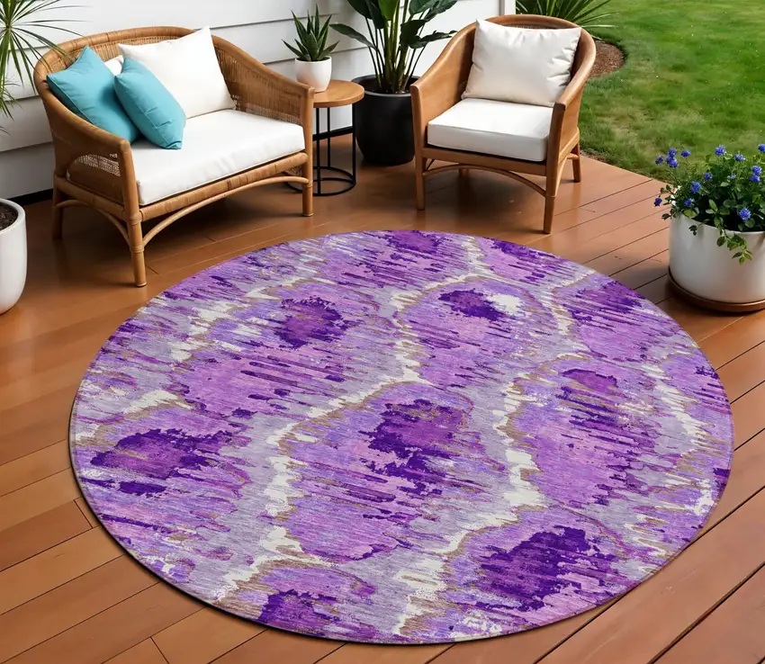 8' Lavender Purple And Ivory Round Abstract Washable Indoor Outdoor Area Rug Photo 1