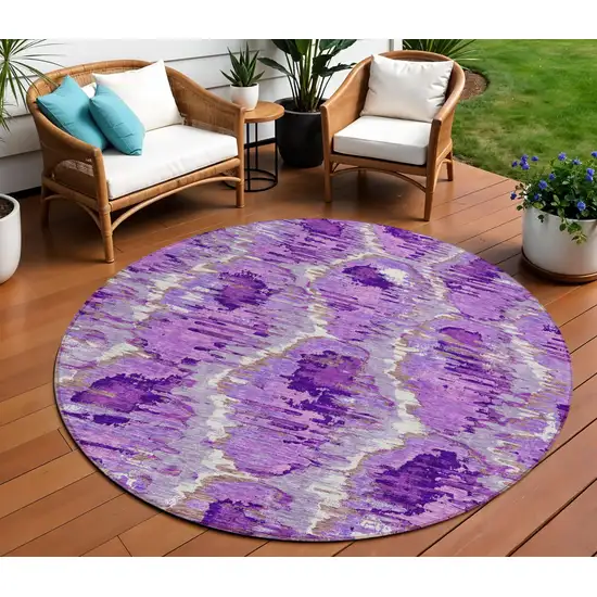 8' Lavender Purple And Ivory Round Abstract Washable Indoor Outdoor Area Rug Photo 1