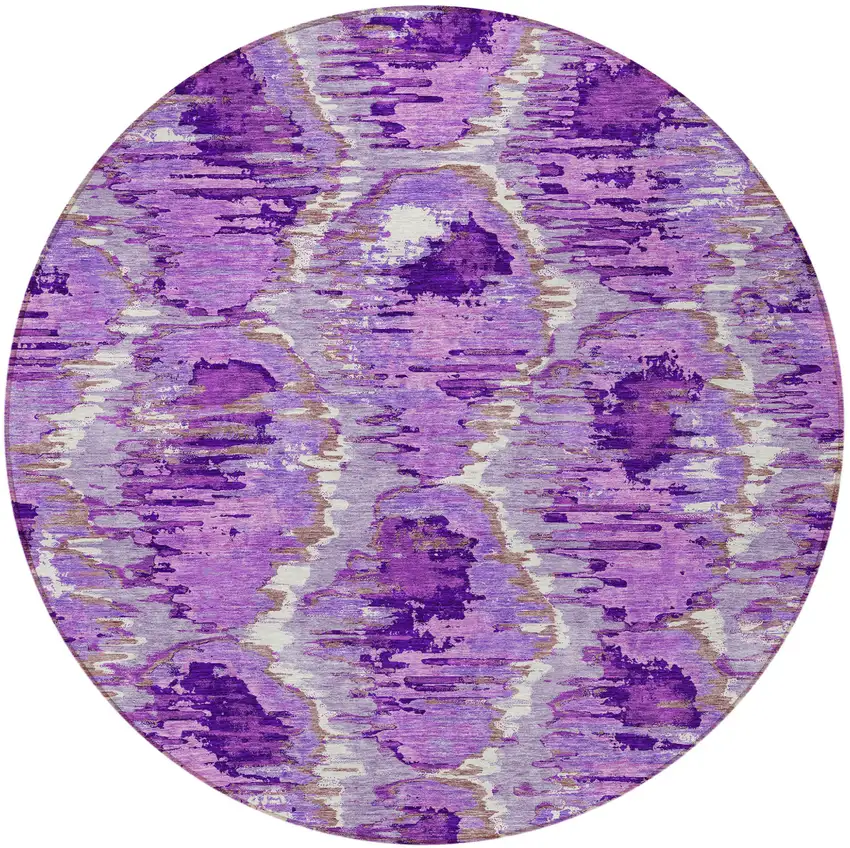 8' Lavender Purple And Ivory Round Abstract Washable Indoor Outdoor Area Rug Photo 6