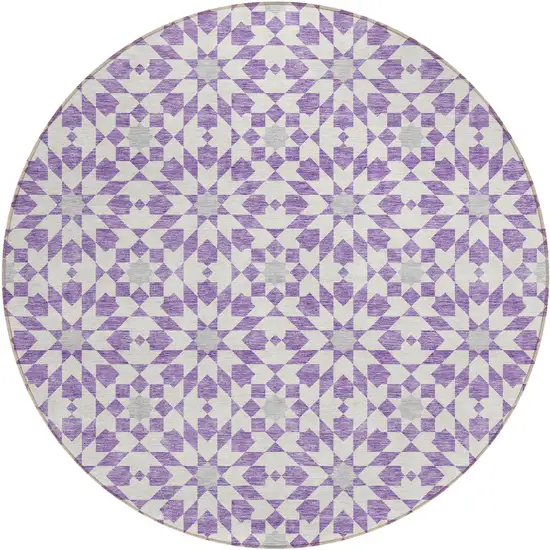8' Lavender Purple And Ivory Round Floral Medallion Washable Indoor Outdoor Area Rug Photo 1