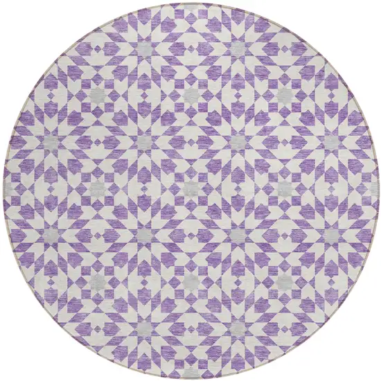 8' Lavender Purple And Ivory Round Floral Medallion Washable Indoor Outdoor Area Rug Photo 1