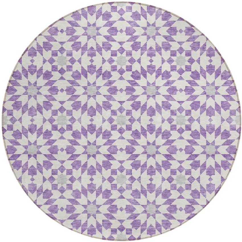 8' Lavender Purple And Ivory Round Floral Medallion Washable Indoor Outdoor Area Rug Photo 1