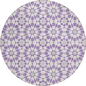 Photo of 8' Lavender Purple And Ivory Round Floral Medallion Washable Indoor Outdoor Area Rug