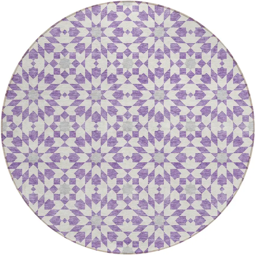 8' Lavender Purple And Ivory Round Floral Medallion Washable Indoor Outdoor Area Rug Photo 1