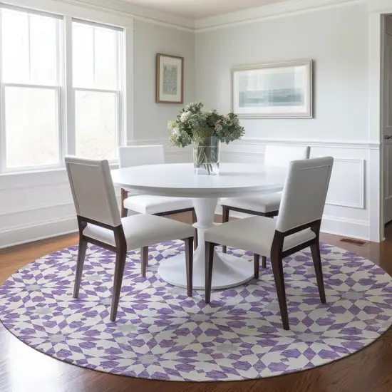 8' Lavender Purple And Ivory Round Floral Medallion Washable Indoor Outdoor Area Rug Photo 8