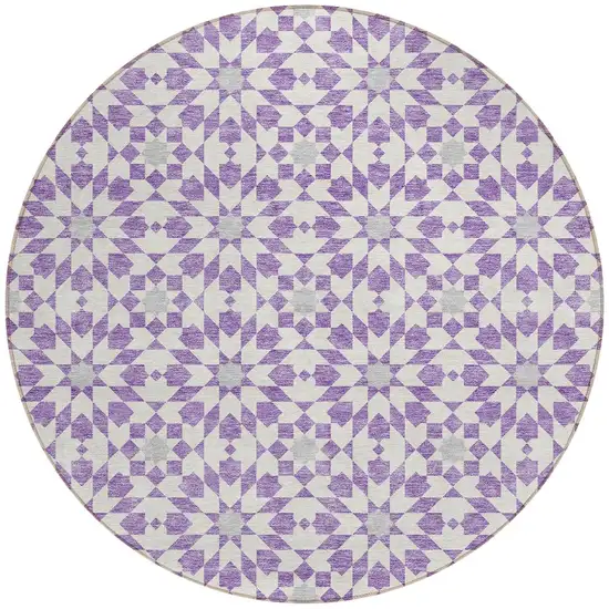 8' Lavender Purple And Ivory Round Floral Medallion Washable Indoor Outdoor Area Rug Photo 6